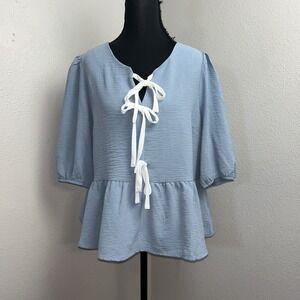 Monteau Bow Front Tie Peplum Top Women's XL Blue &‎ White Lagenlook Boho Artsy